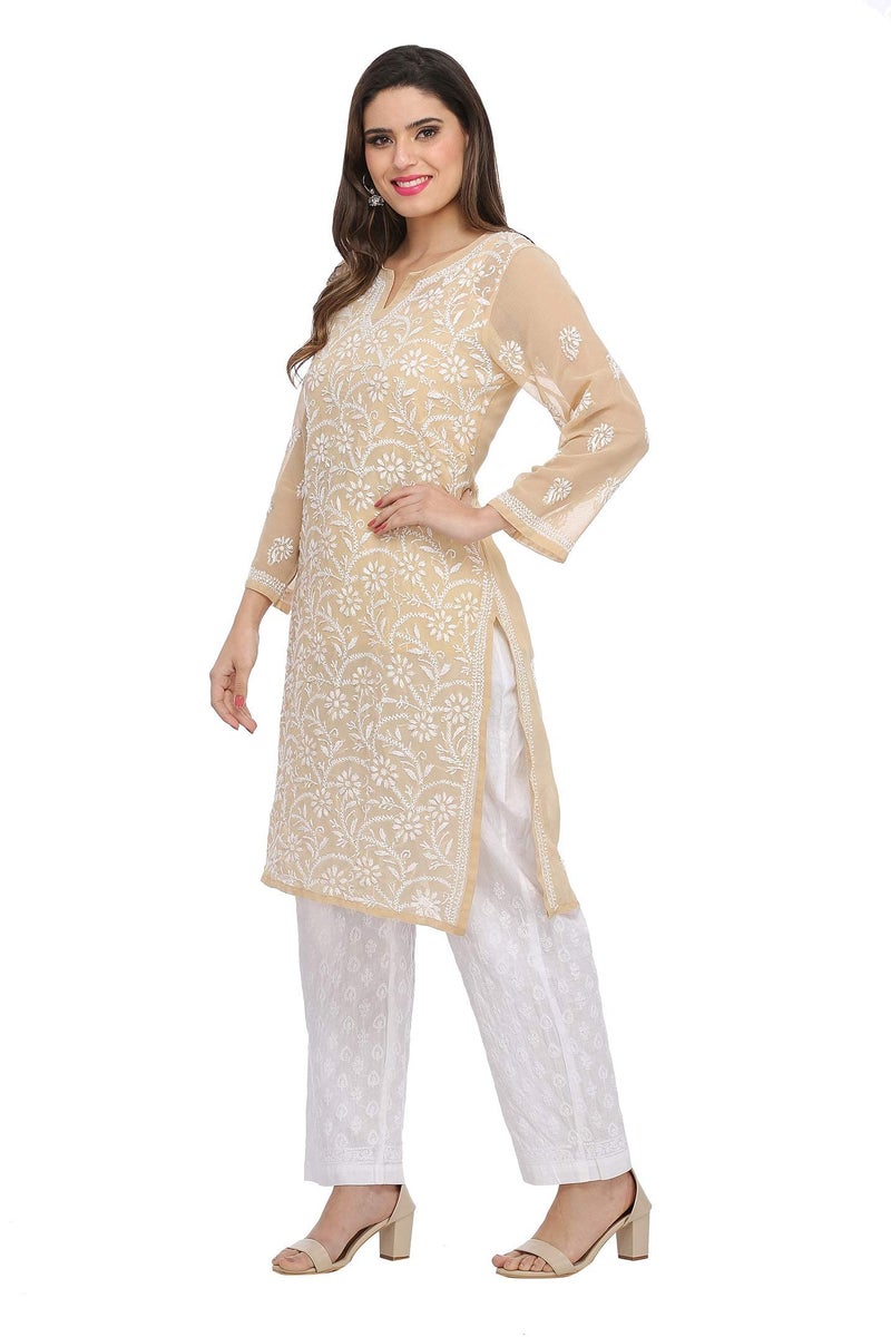 Ada Hand Embroidered Indian Chikankari Women's Georgette Kurti Kurta with Slip A90352,XS, Fawn - Image 4